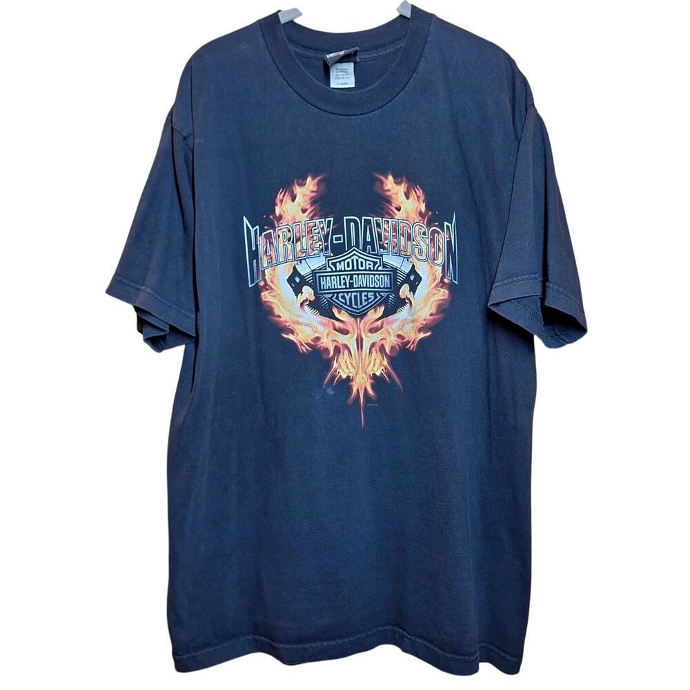 Harley Davidson vintage double sided graphic tee Mens XL Y2K Flaming engine fire